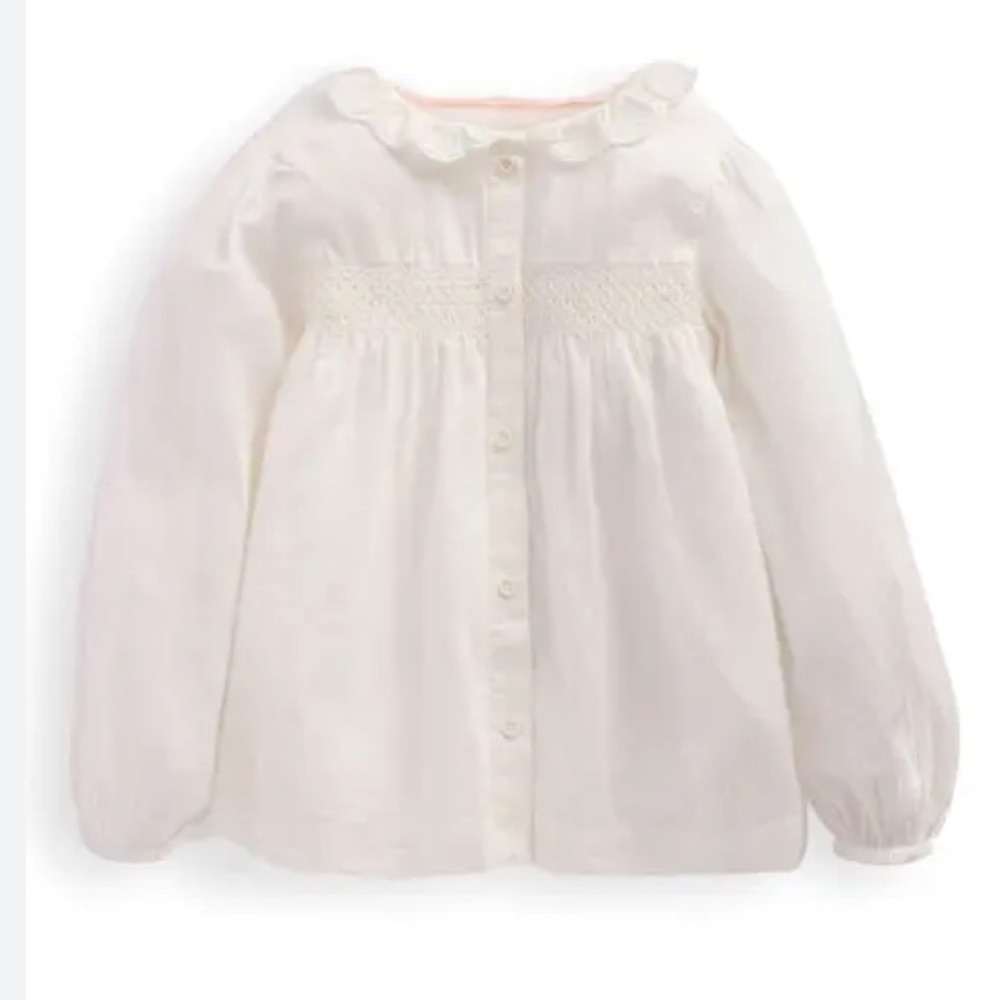 Mini Boden Girls White Smocked Ruffle Eyelet Collar Blouse Top 4-5Y